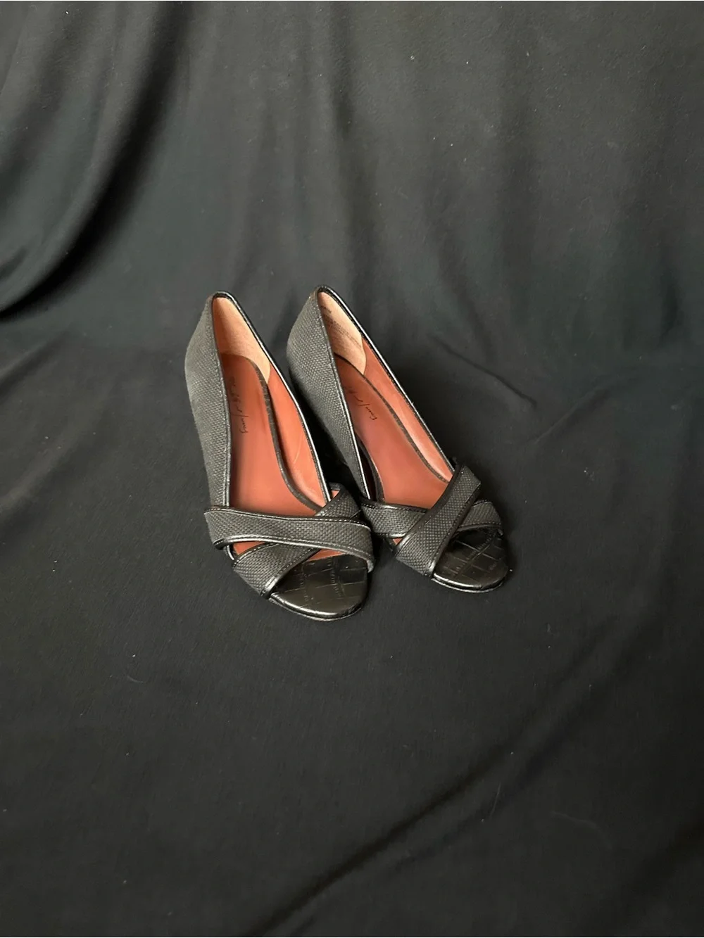 Elizabeth and James Black Textured Wedge Peep-Toe Pumps 6